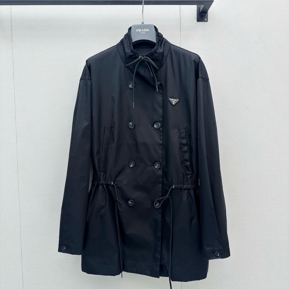 Prada Black Double-Breasted Trench with Drawstring Details